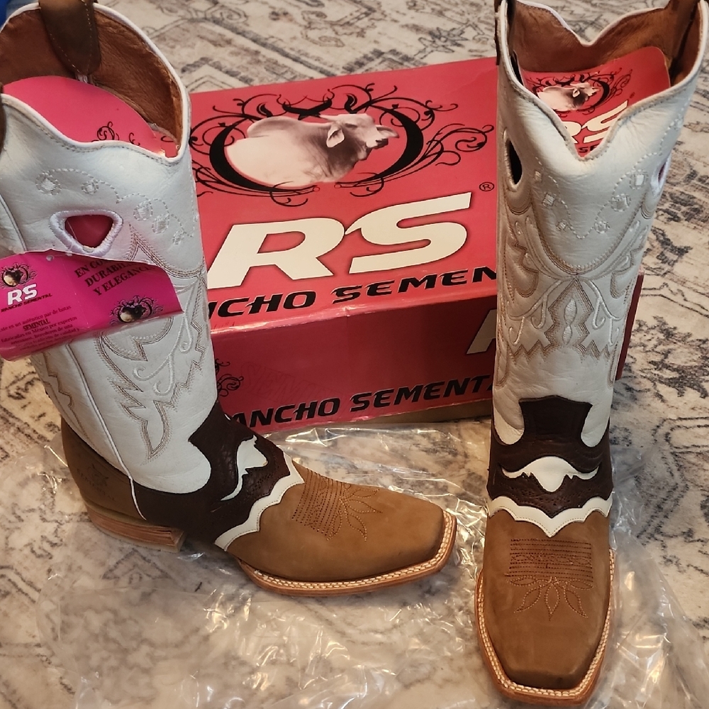 New Size 10 RS Rancho Semental Two-Tone Western Boots - White & Tan